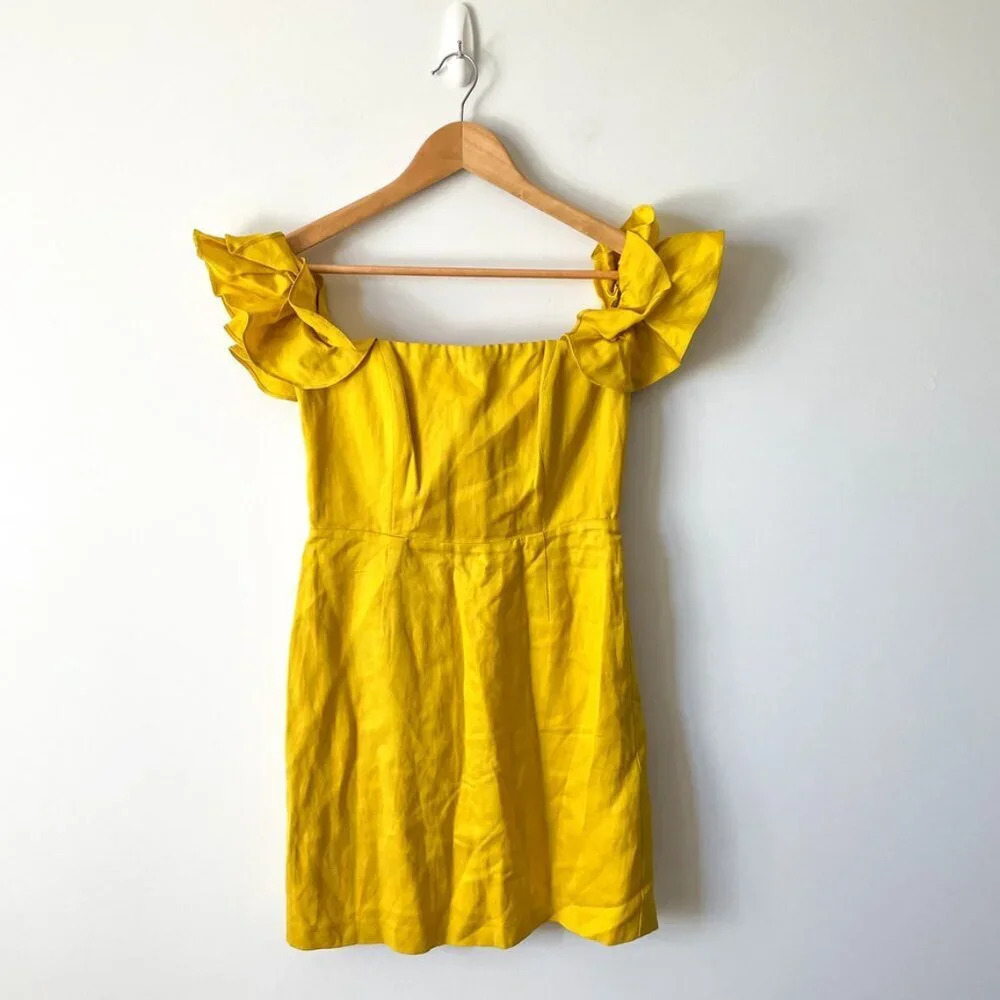 Bardot Linen Blend Ruffle Strap Mini Dress Marigold Yellow Size Small/6